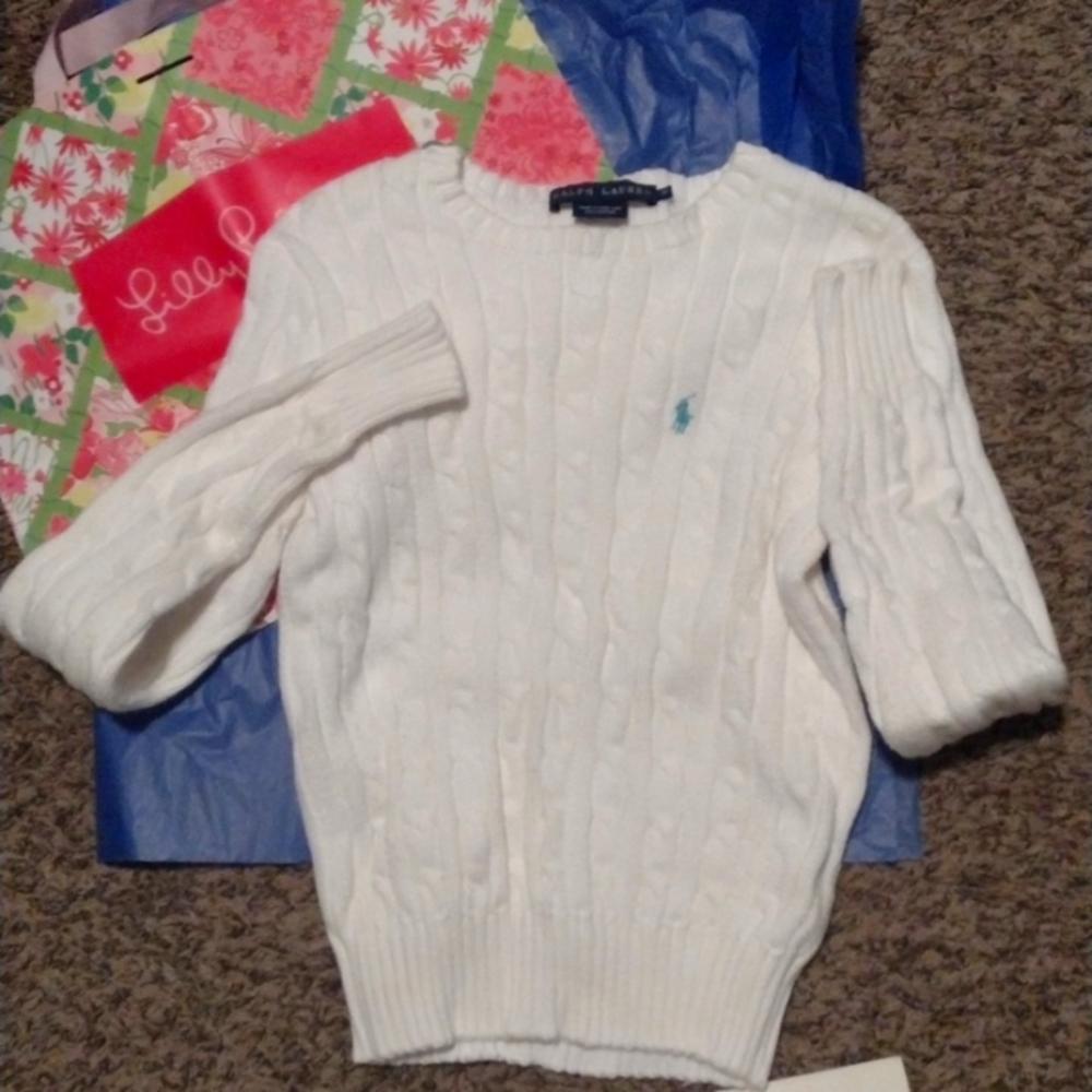 Ralph Lauren White Cable Knit Sweater with Light Blue Pony